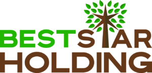 Beststar holding logo with green and brown text and the T of star is shaped like a star in the style of a tree with green leaves