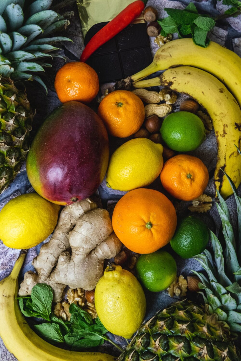 Assorted fruits, mango, pineapple and bananas